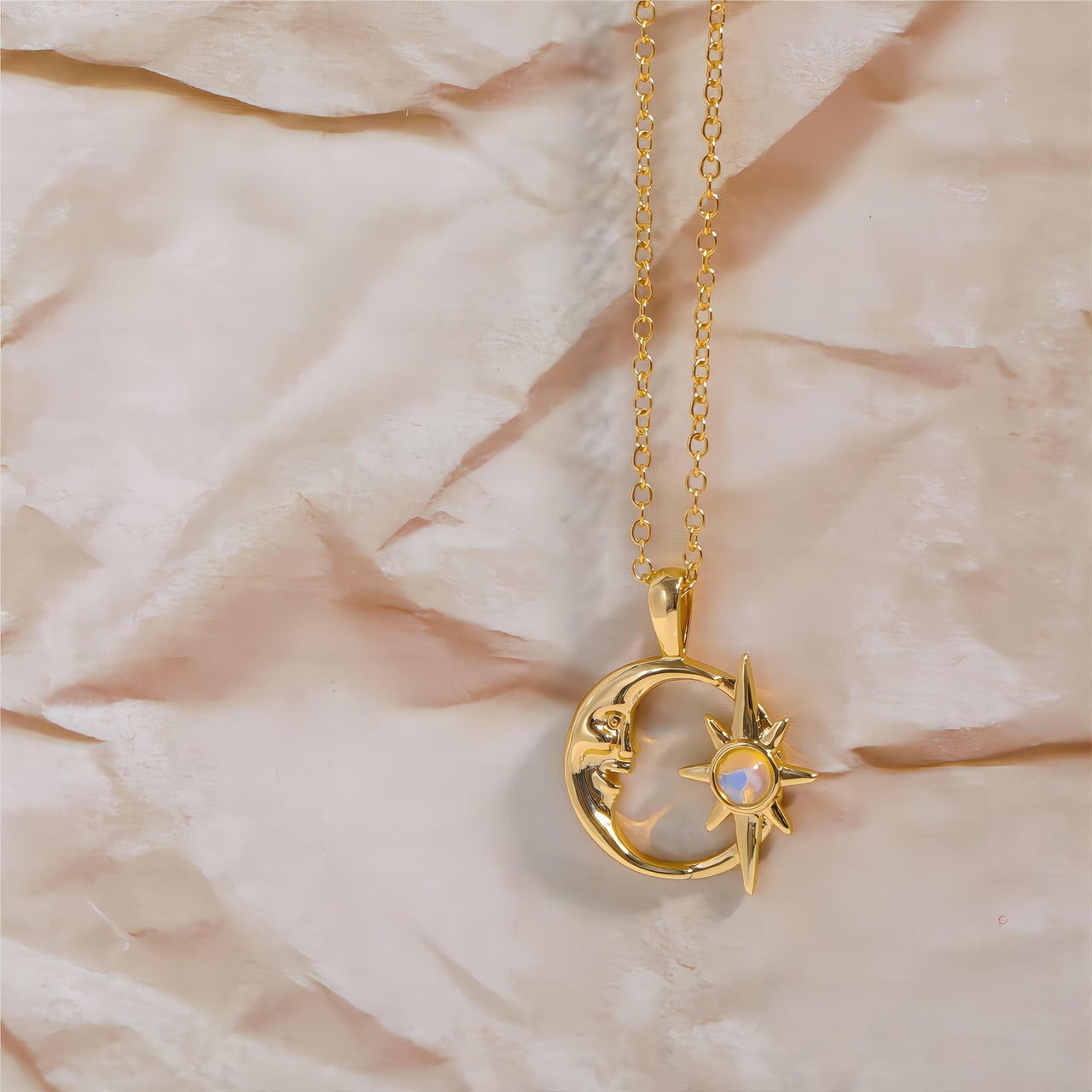 18K Gold Opal Star Moon Phase Necklace - ArtGalleryZen