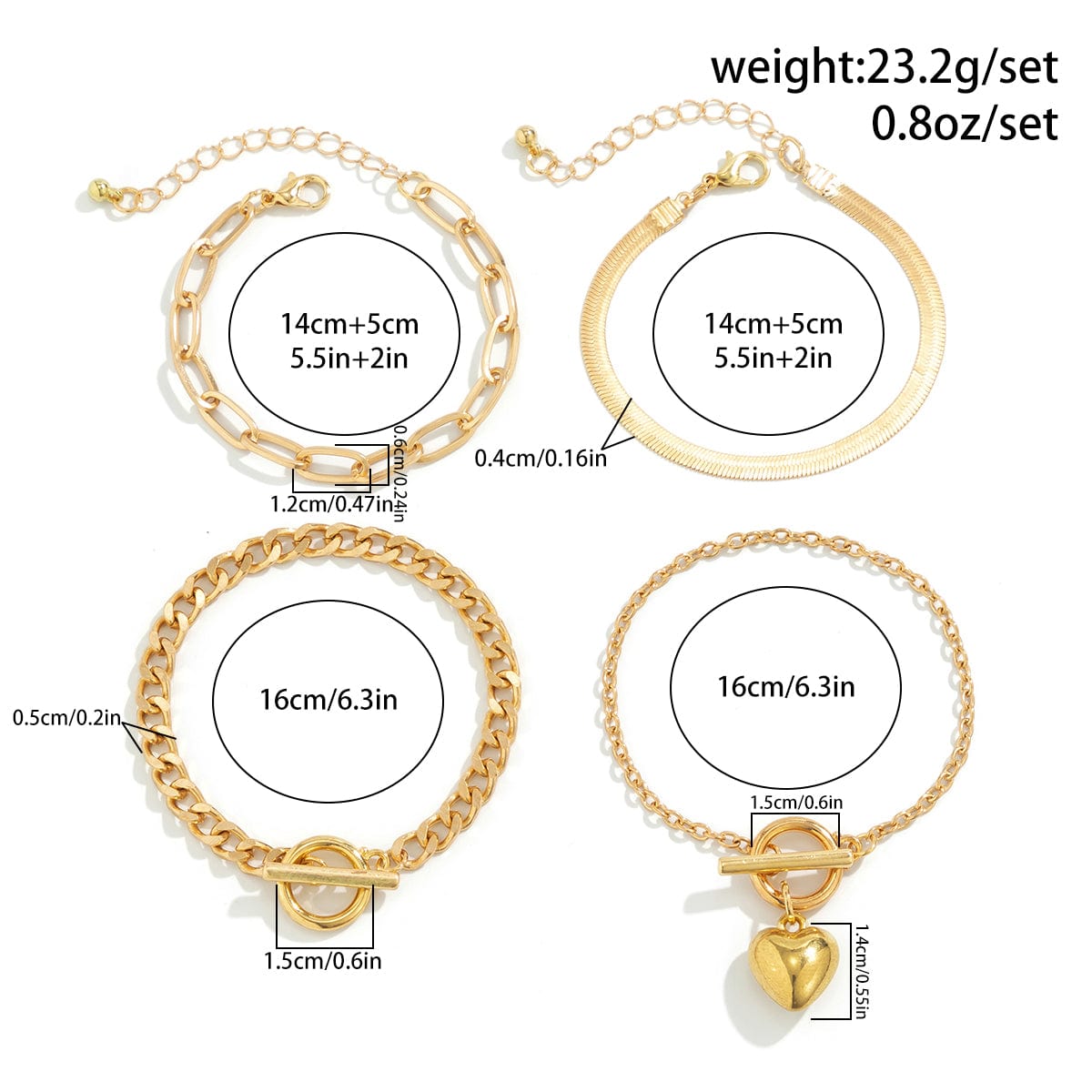 4 Pcs Toggle Clasp Heart Pendant Cable Chain Stackable Bracelet Set - ArtGalleryZen