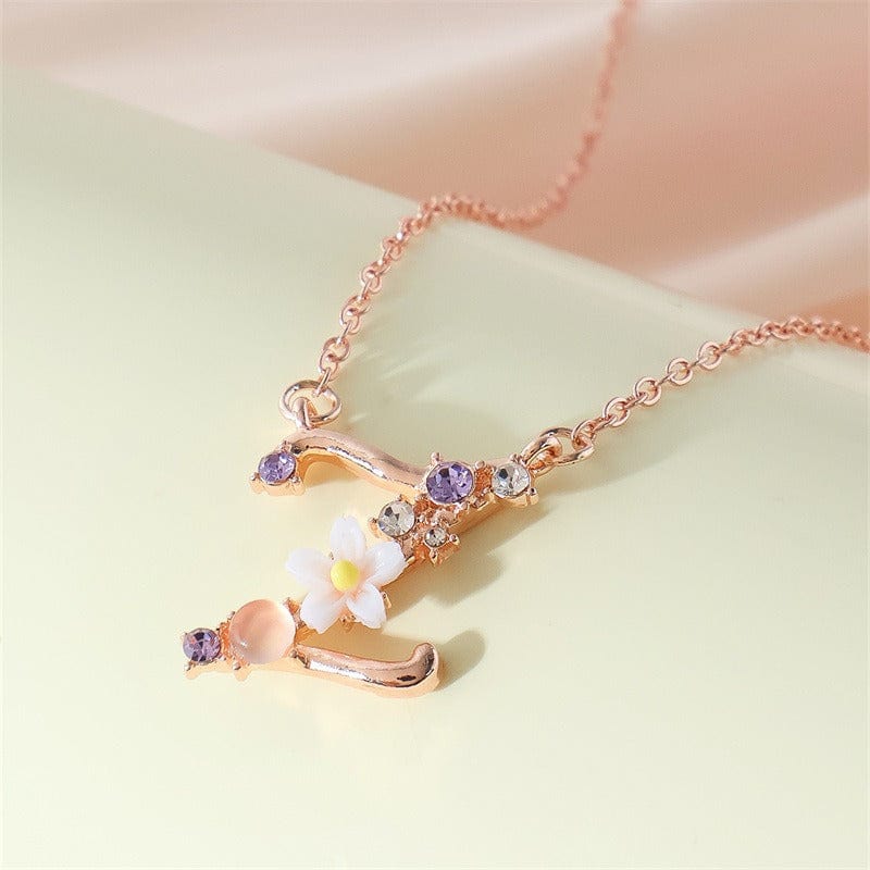 Chic Crystal Opal Inlaid Floral Alphabet Monogram Letter Necklace - ArtGalleryZen