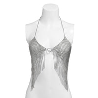 Thumbnail for Crystal Mesh Body Chain Bra with Heart Charm and Tassel Detail - 18k Gold Silver Plated - ArtGalleryZen