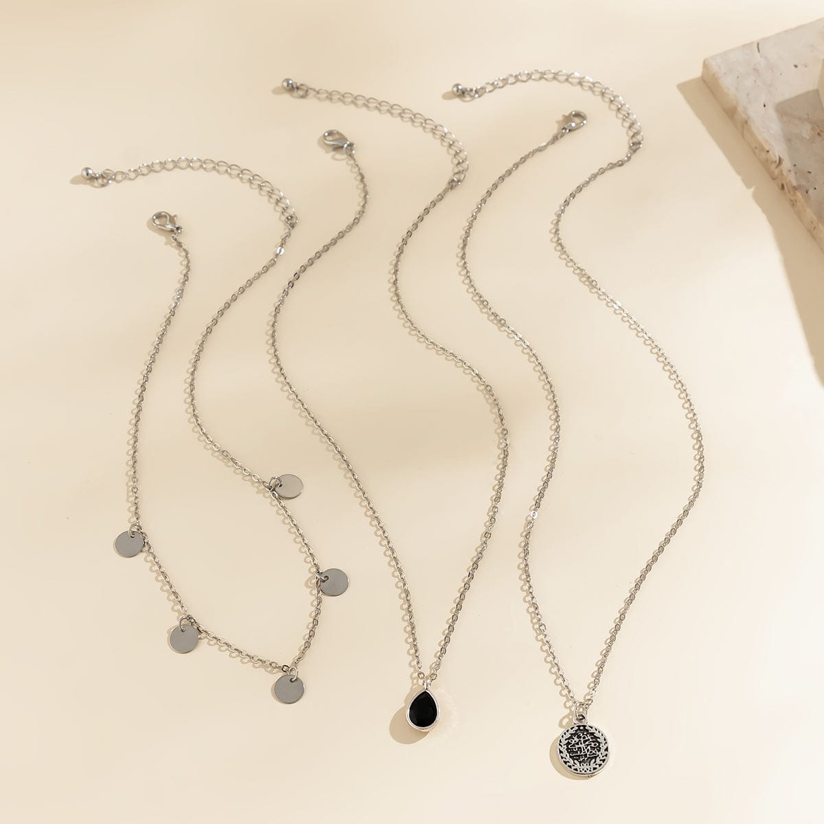 Elegant Layered Round Disk Tassel Waterdrop Pendant Chain Necklace Set - ArtGalleryZen