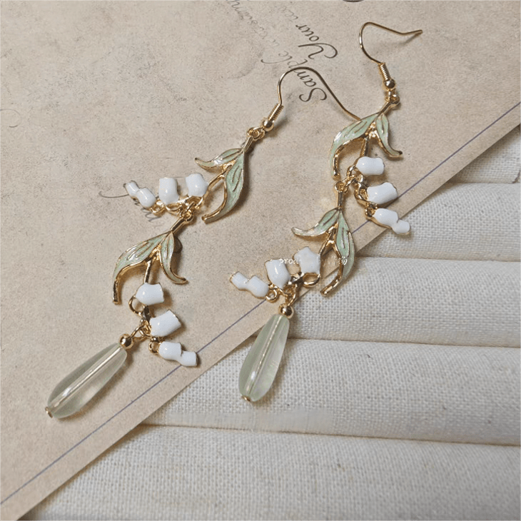Enamel Lily Of The Valley Dangle Jade Earrings - ArtGalleryZen