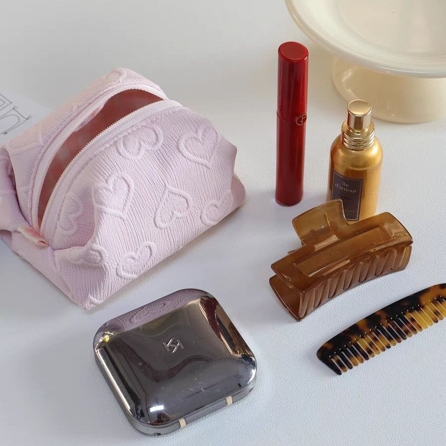 Pink Heart Cosmetic Toiletry Bag Portable Travel Organizer - ArtGalleryZen