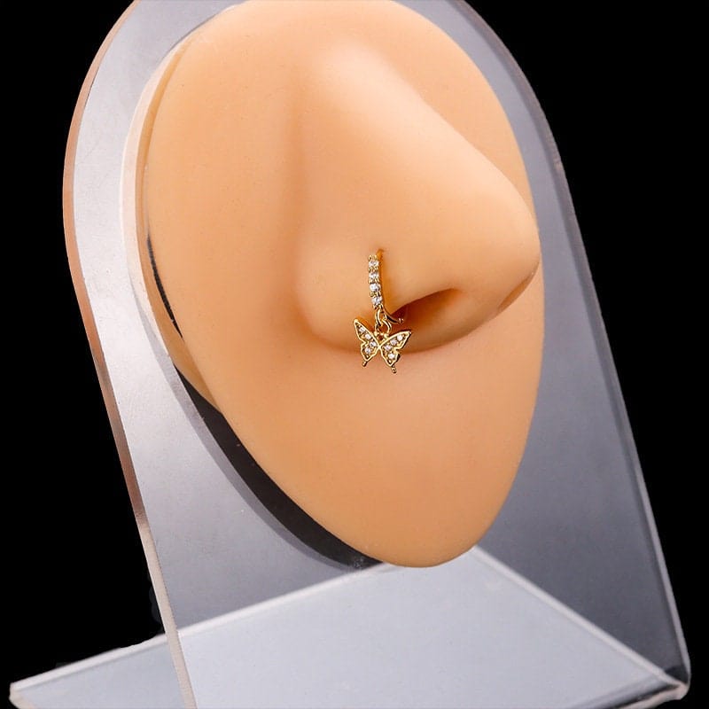 Chic CZ Inlaid Butterfly Evil Eye Heart Dangle Nose Piercing Hoop Nose Ring - ArtGalleryZen