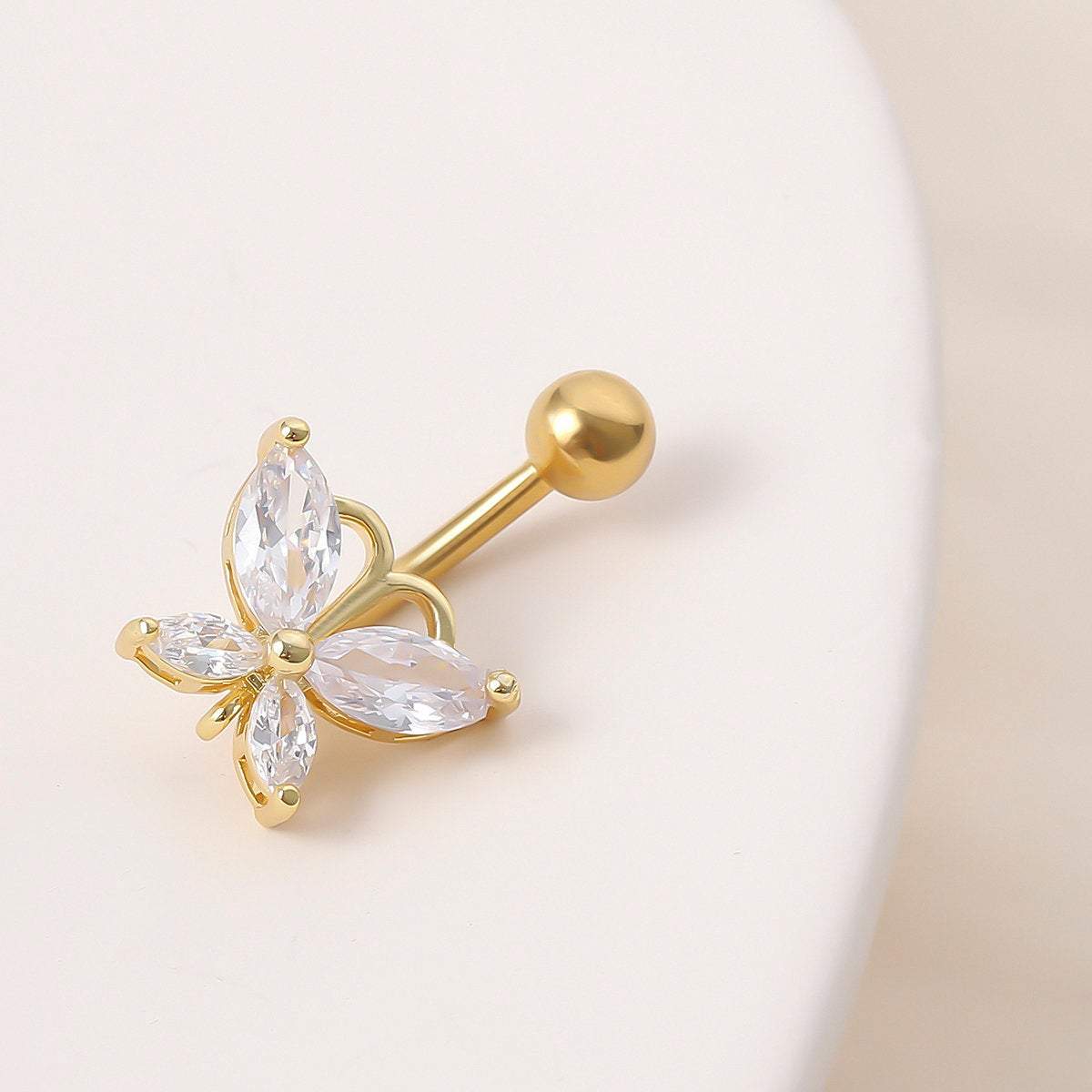 Surgical Stainless Steel Gold Tone Crystal Butterfly Navel Ring - ArtGalleryZen