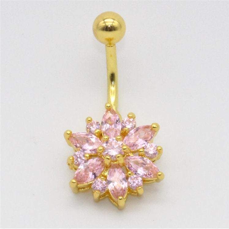 Surgical Stainless Steel Pink Crystal Floral Piercing Barbell Navel Ring - ArtGalleryZen