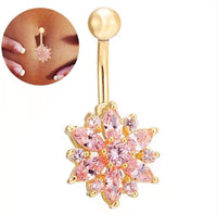 Thumbnail for Surgical Stainless Steel Pink Crystal Floral Piercing Barbell Navel Ring - ArtGalleryZen