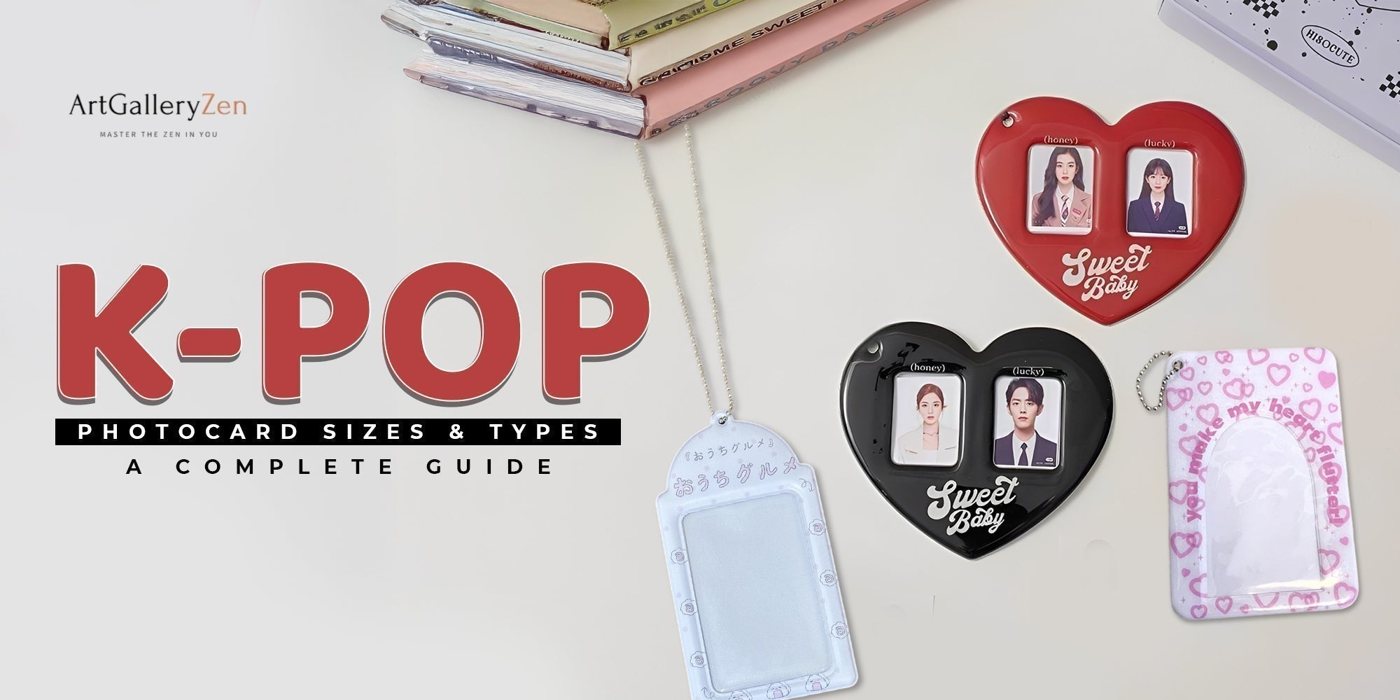 K-pop photocards collection showing different sizes and types including standard, mini, and special edition cards