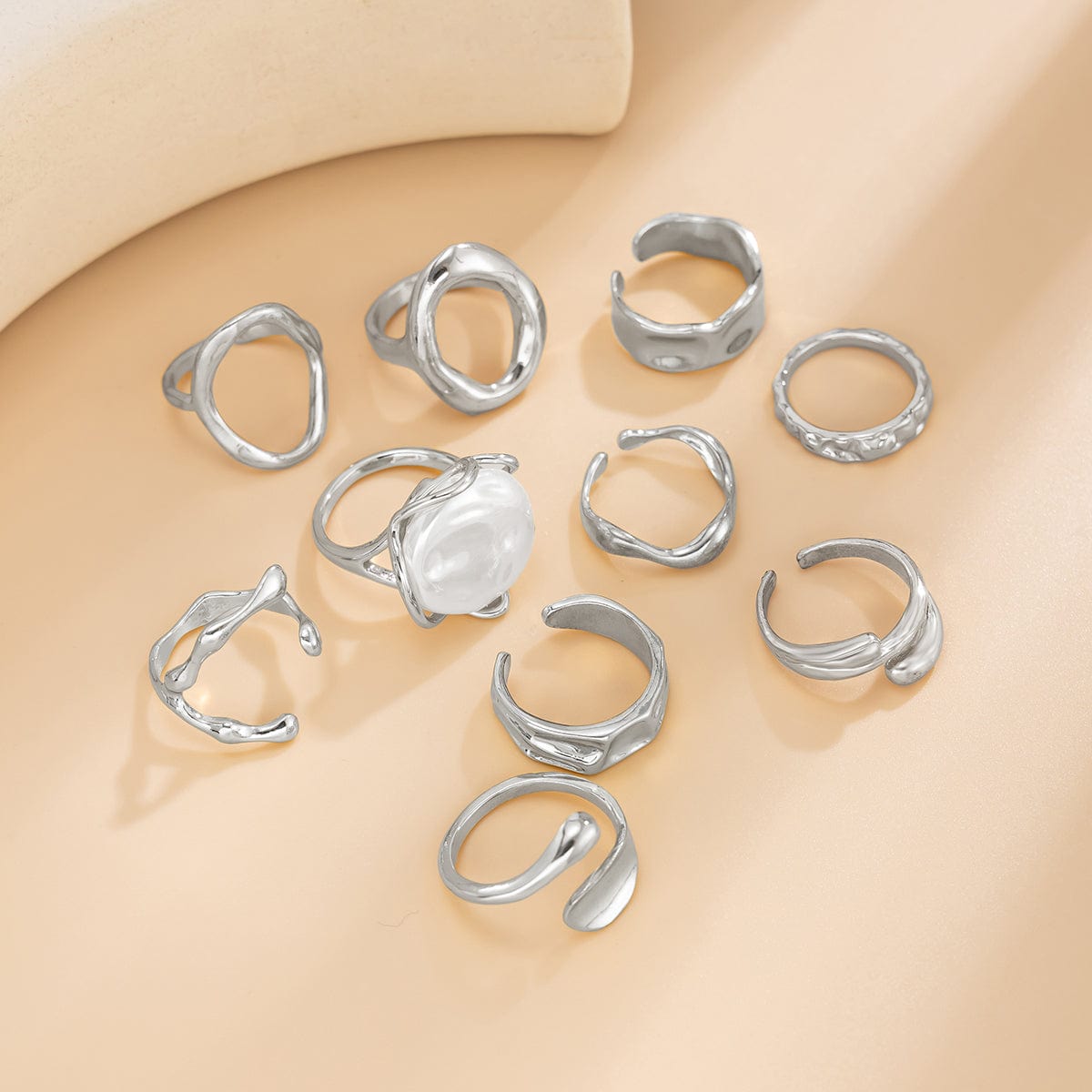 10 Pcs Irregular Pearl Waterdrop Textured Open Ring Set - ArtGalleryZen
