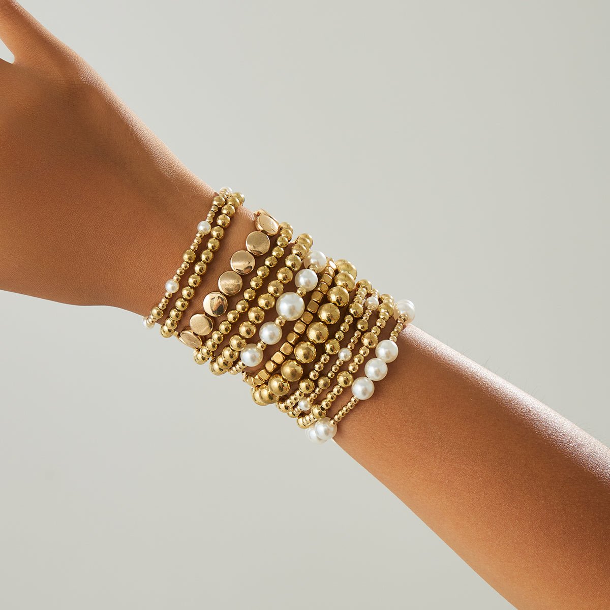 12 Pcs Minimalist Gold Silver Tone Pearl Beaded Chain Bracelet Set - ArtGalleryZen