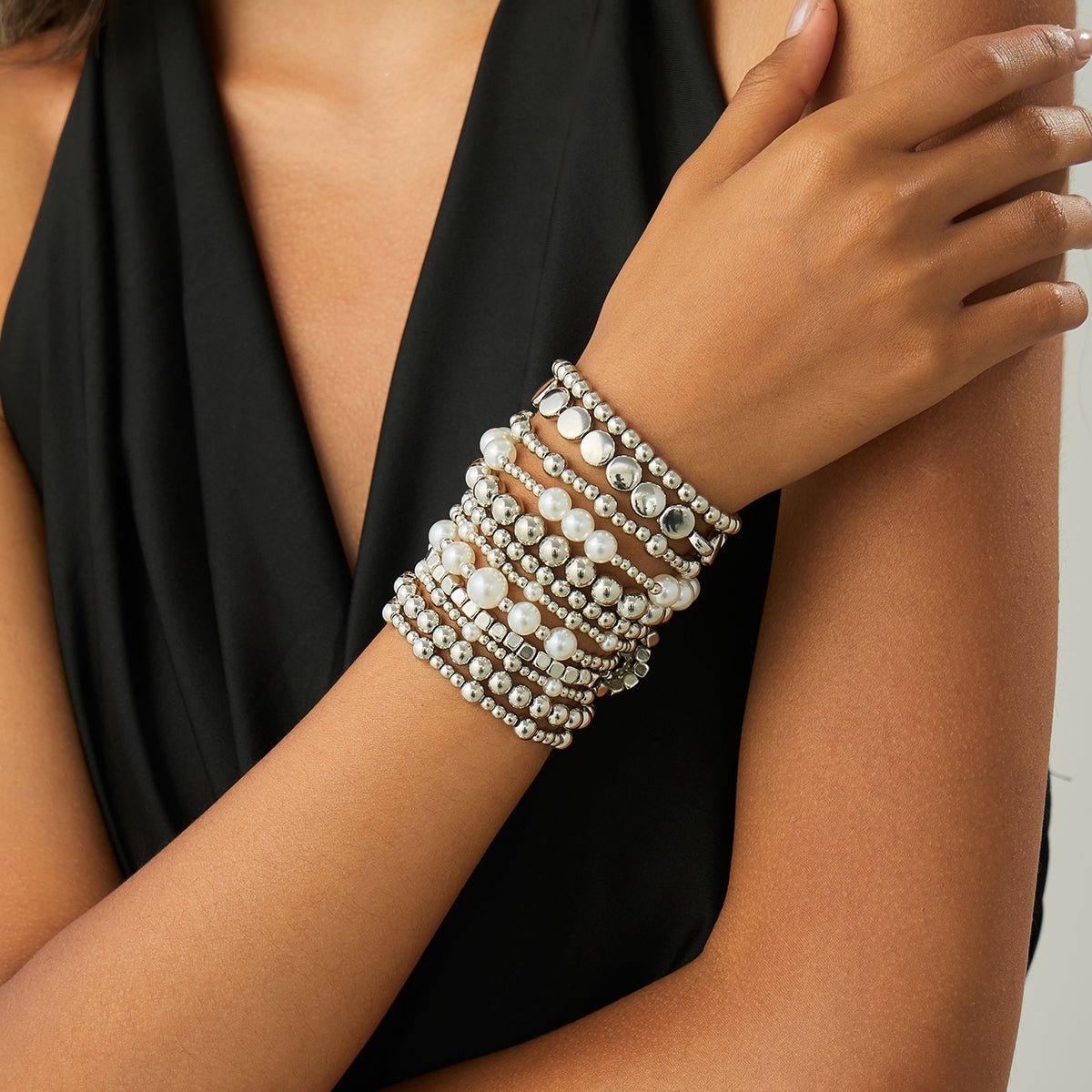 12 Pcs Minimalist Gold Silver Tone Pearl Beaded Chain Bracelet Set - ArtGalleryZen