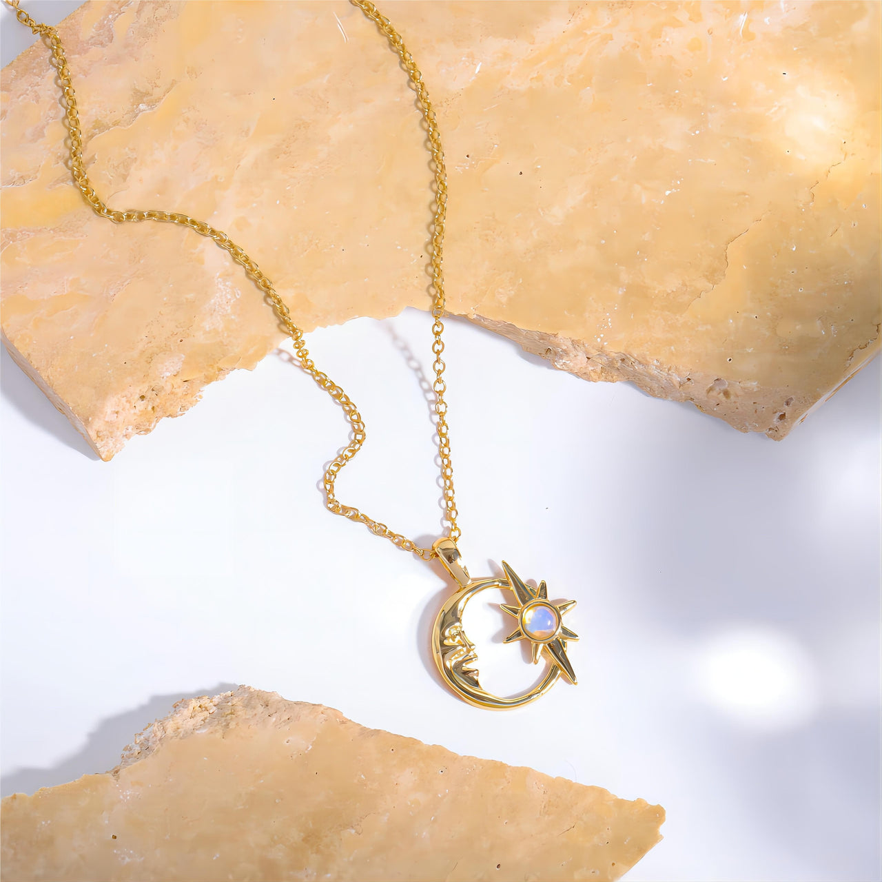 18K Gold Opal Star Moon Phase Necklace - ArtGalleryZen