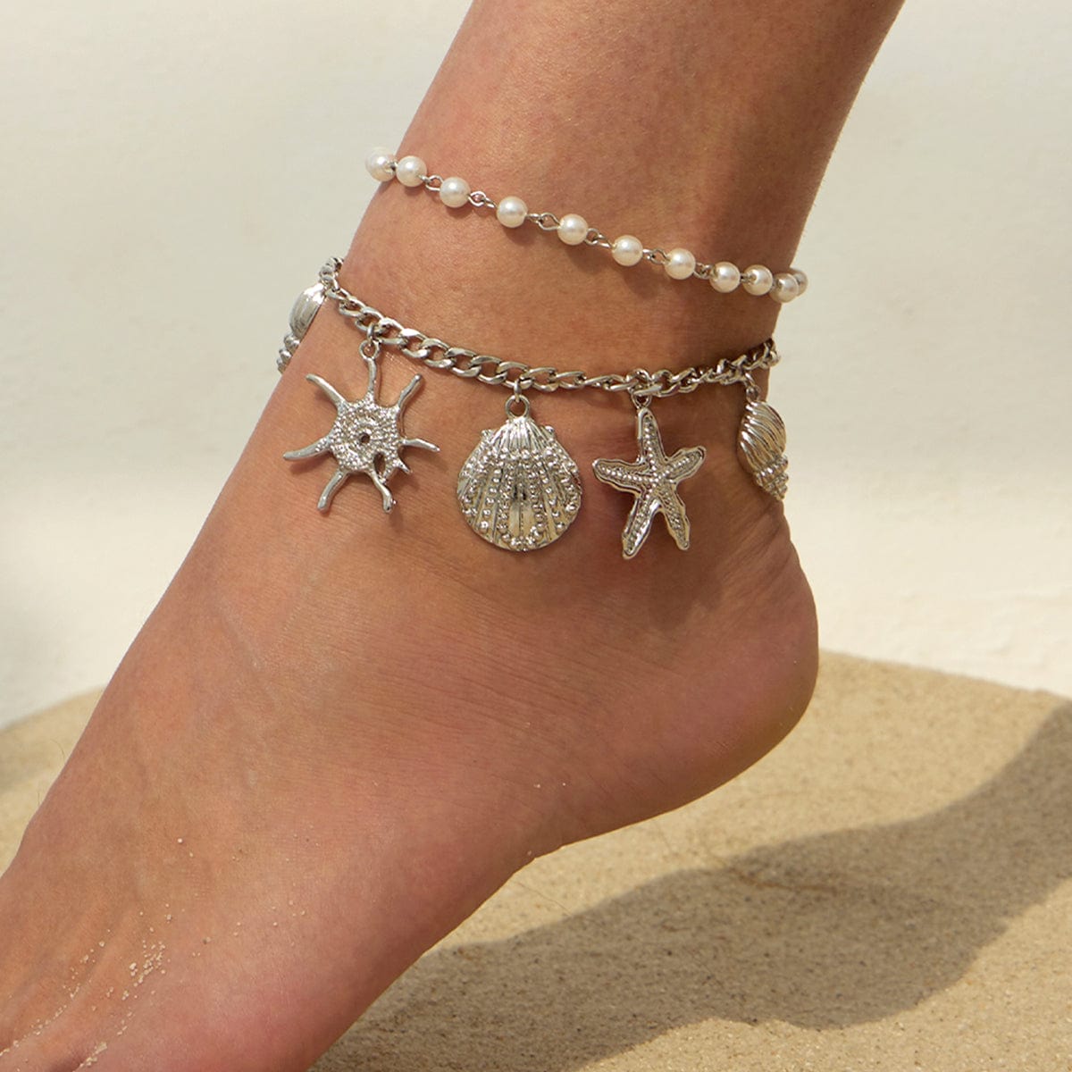 2 Pcs Shell Conch Starfish Charm Pearl Chain Anklet Set - ArtGalleryZen
