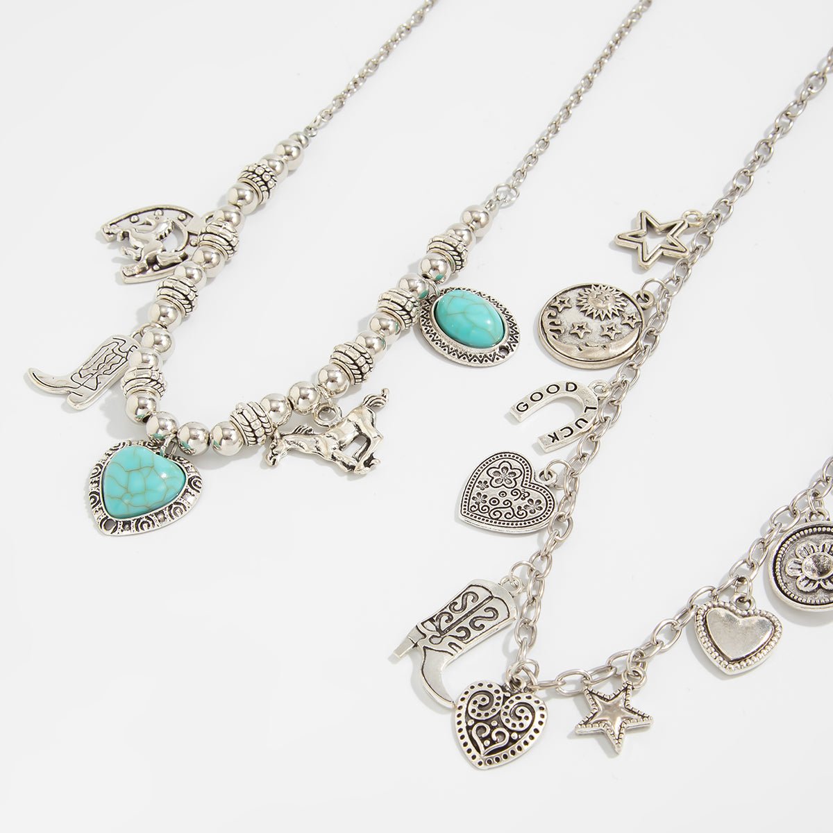 2 Pcs Turquoise Heart Boots Lucky Horseshoe Charm Necklace Set - ArtGalleryZen