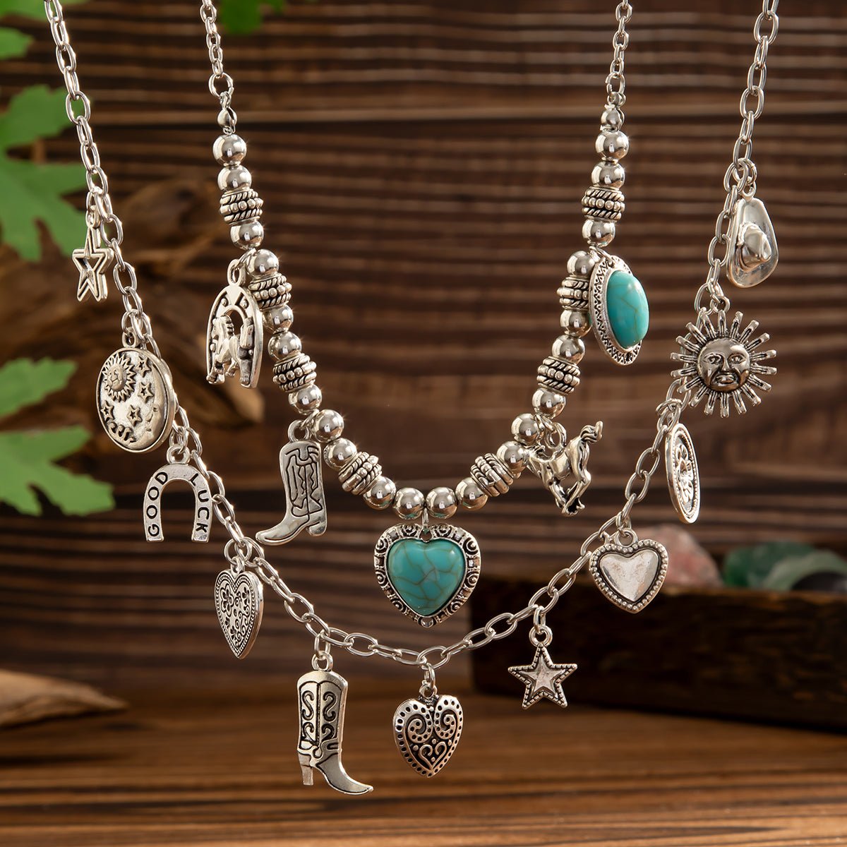 2 Pcs Turquoise Heart Boots Lucky Horseshoe Charm Necklace Set - ArtGalleryZen