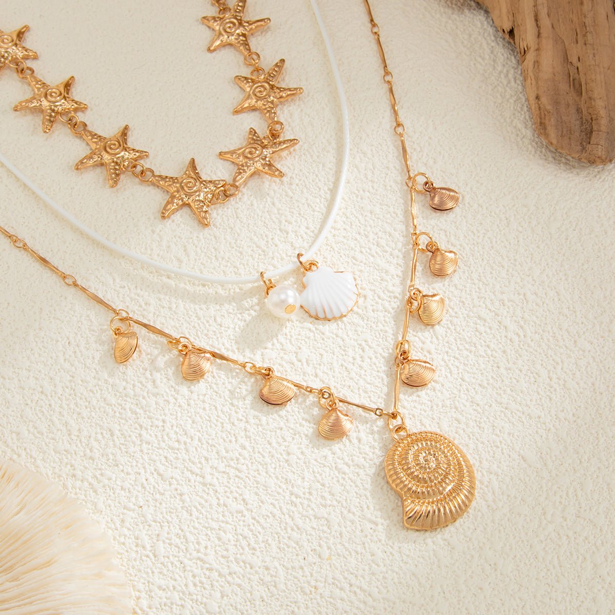 3 Pcs Bohemia Enamel Shell Conch Starfish Charm Wax Cord Necklace Set - ArtGalleryZen
