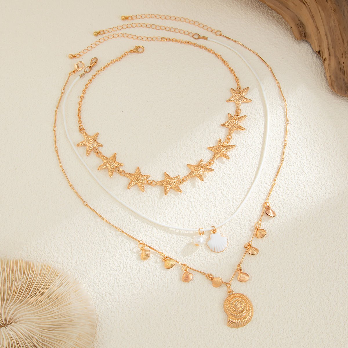 3 Pcs Bohemia Enamel Shell Conch Starfish Charm Wax Cord Necklace Set - ArtGalleryZen