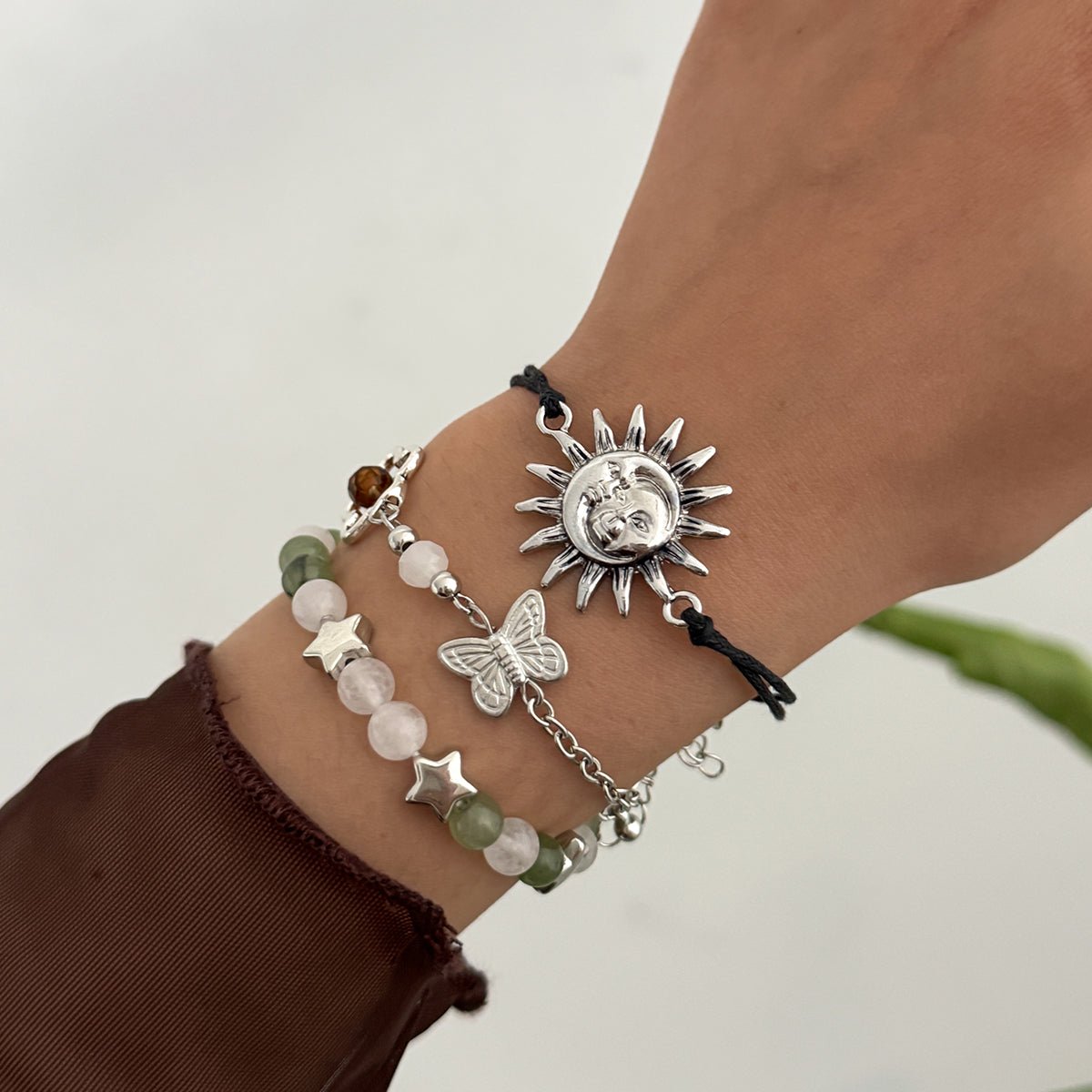 3 Pcs Boho Sun Mushroom Butterfly Charm Glass Beaded Bracelet Set - ArtGalleryZen