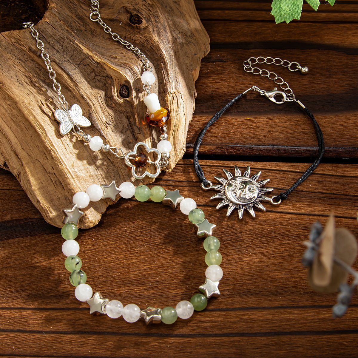 3 Pcs Boho Sun Mushroom Butterfly Charm Glass Beaded Bracelet Set - ArtGalleryZen
