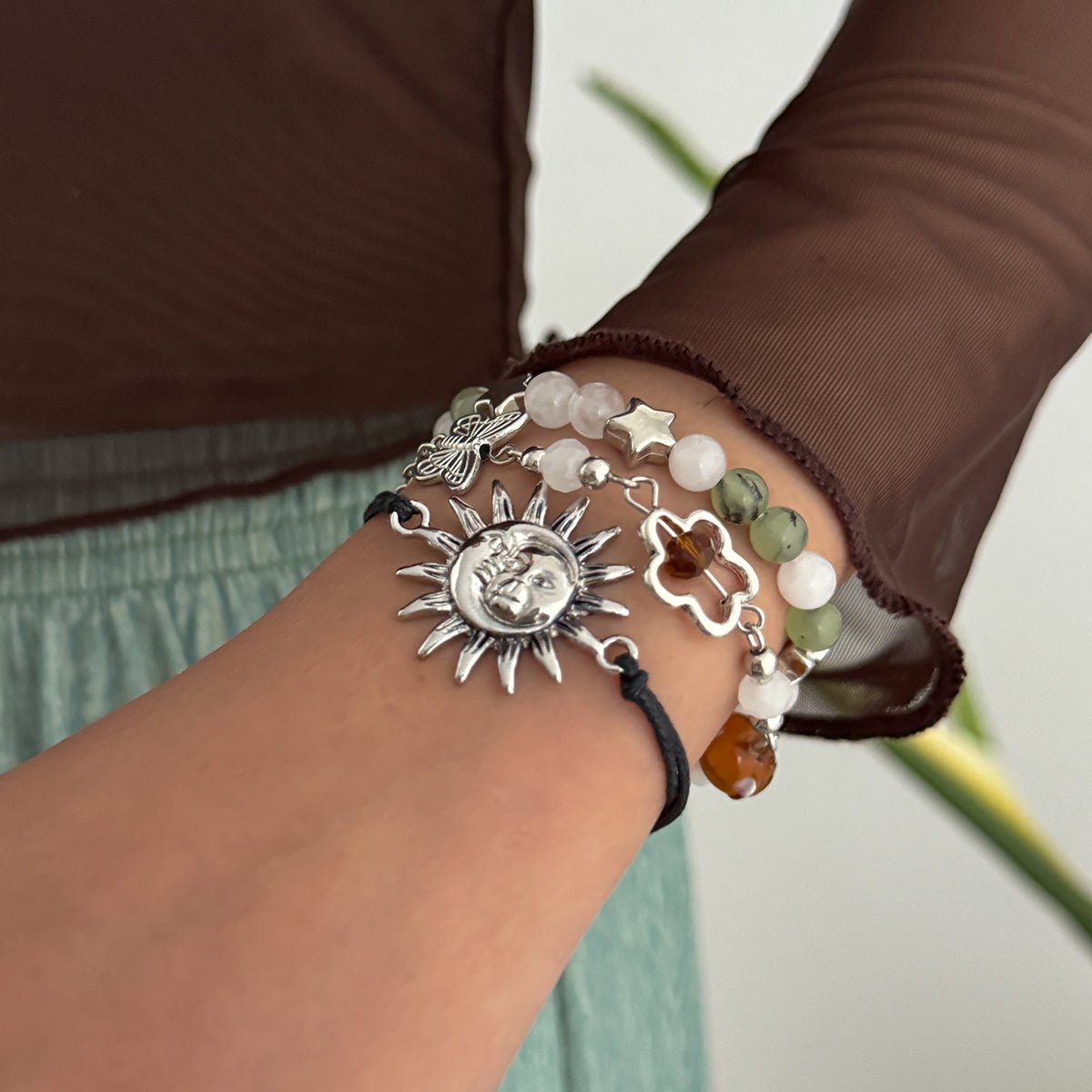 3 Pcs Boho Sun Mushroom Butterfly Charm Glass Beaded Bracelet Set - ArtGalleryZen