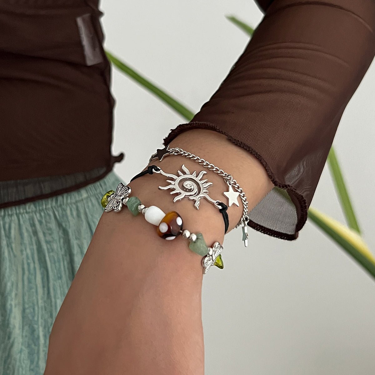3 Pcs Boho Sun Mushroom Star Charm Turquoise Stone Bracelet Set - ArtGalleryZen