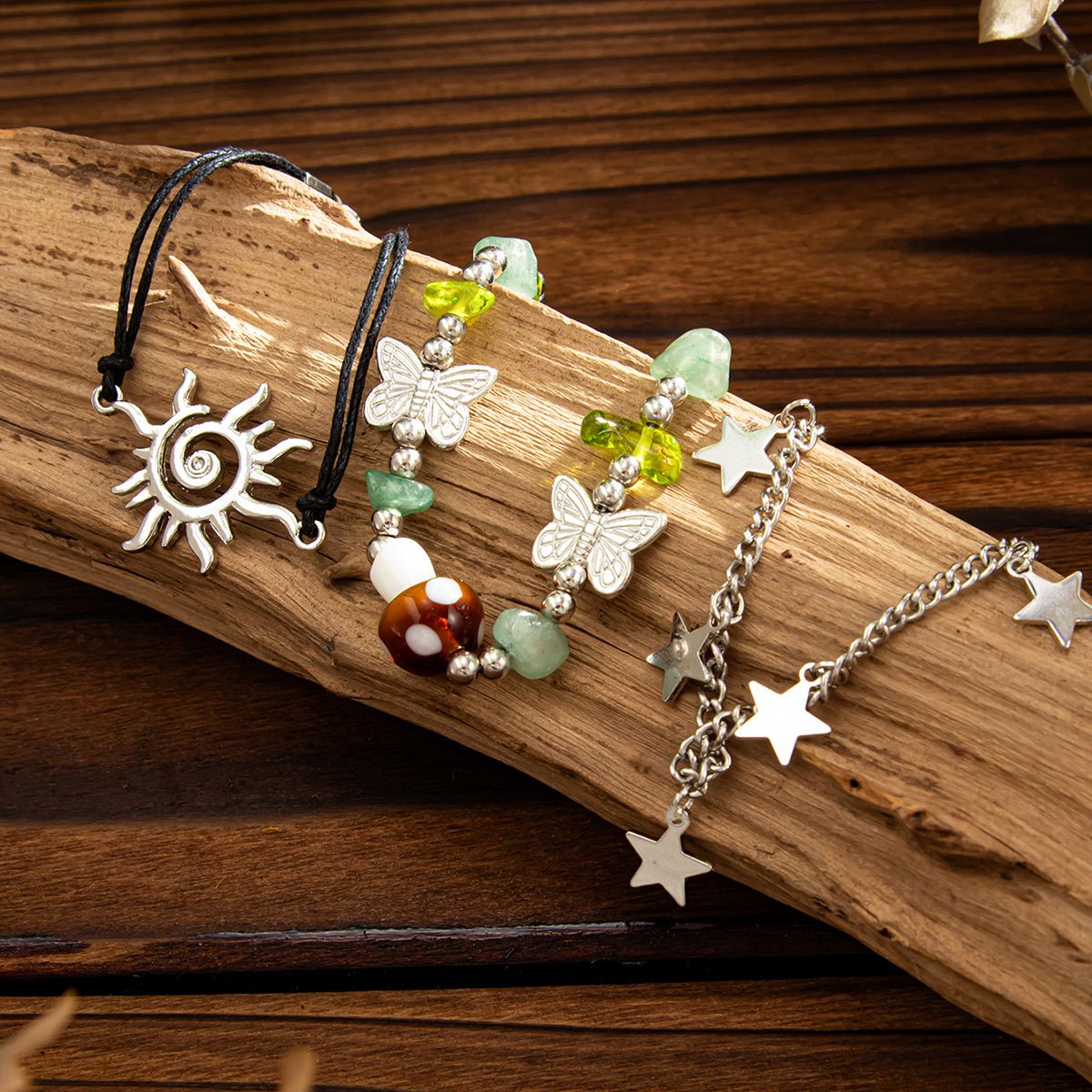 3 Pcs Boho Sun Mushroom Star Charm Turquoise Stone Bracelet Set - ArtGalleryZen