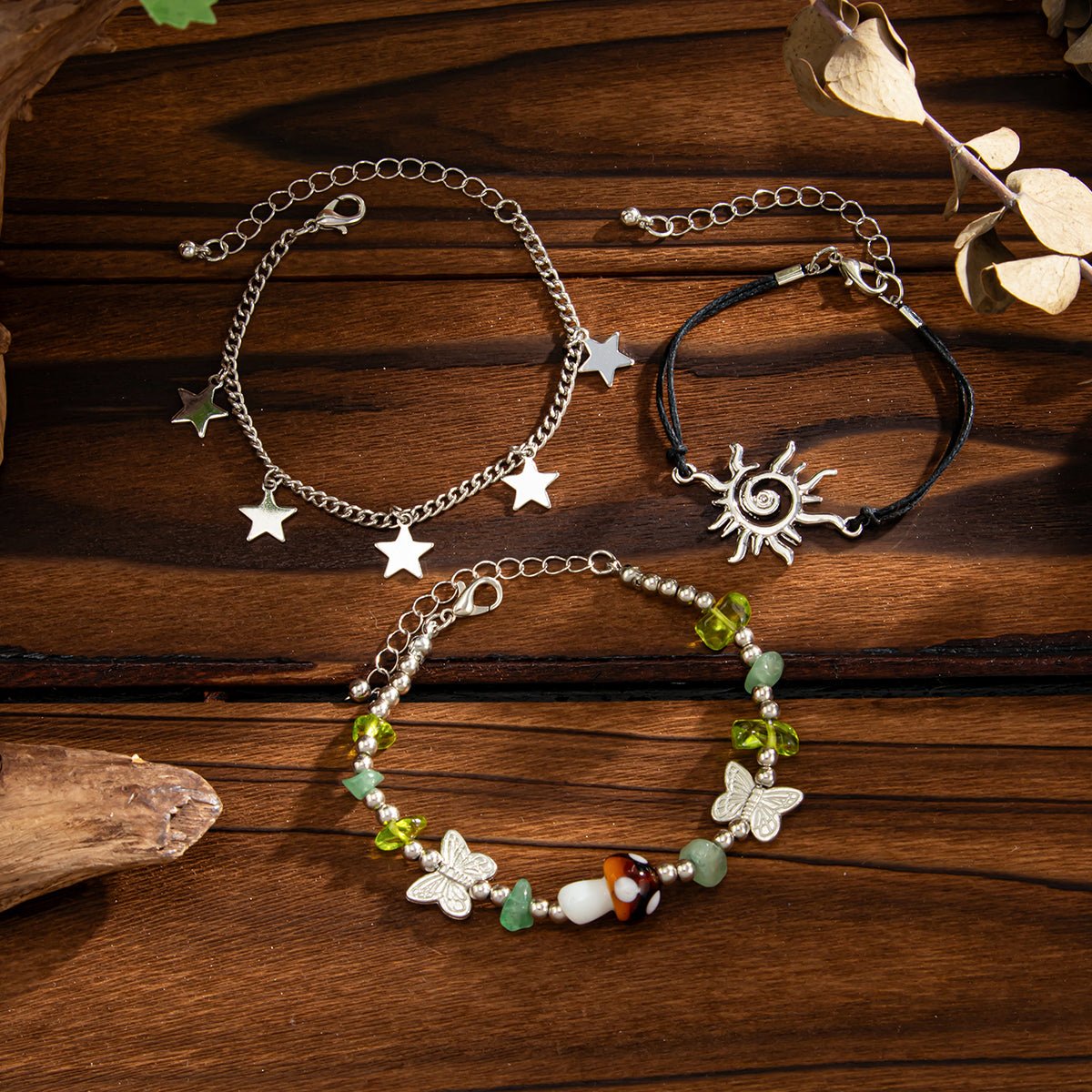3 Pcs Boho Sun Mushroom Star Charm Turquoise Stone Bracelet Set - ArtGalleryZen