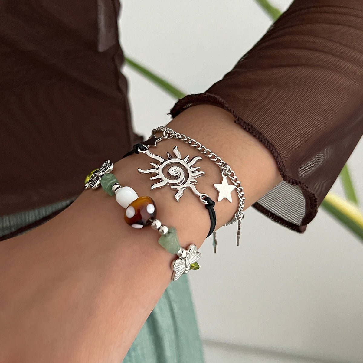 3 Pcs Boho Sun Mushroom Star Charm Turquoise Stone Bracelet Set - ArtGalleryZen