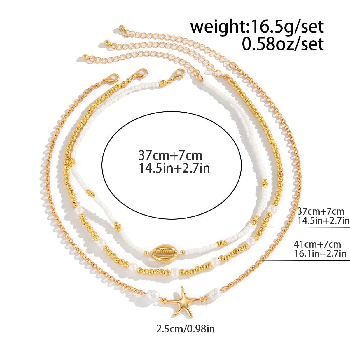 3 Pcs Conch Starfish Charm Pearl Seed Beaded Chain Necklace Set - ArtGalleryZen