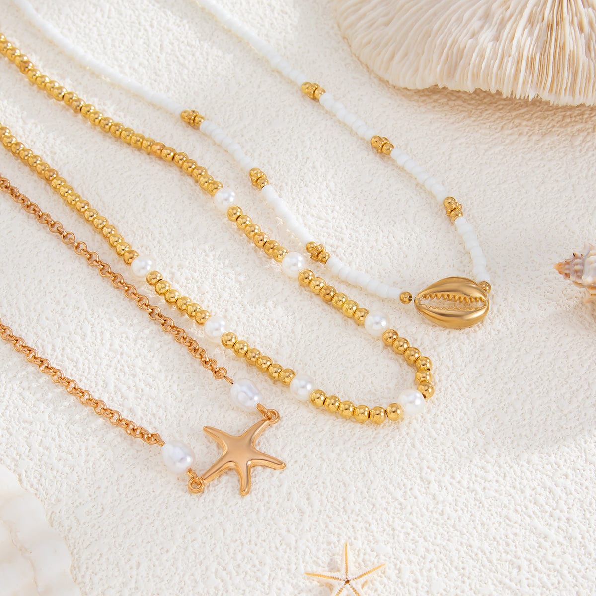 3 Pcs Conch Starfish Charm Pearl Seed Beaded Chain Necklace Set - ArtGalleryZen
