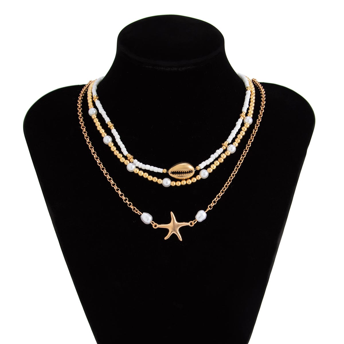 3 Pcs Conch Starfish Charm Pearl Seed Beaded Chain Necklace Set - ArtGalleryZen