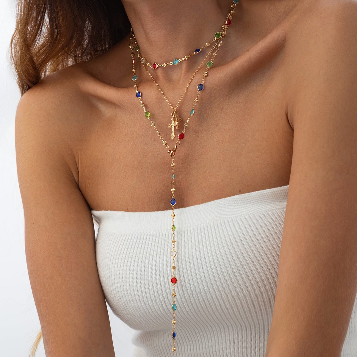 3 Pcs Elegant Cross Pendant Colorful Crystal Chain Y Necklace Set - ArtGalleryZen