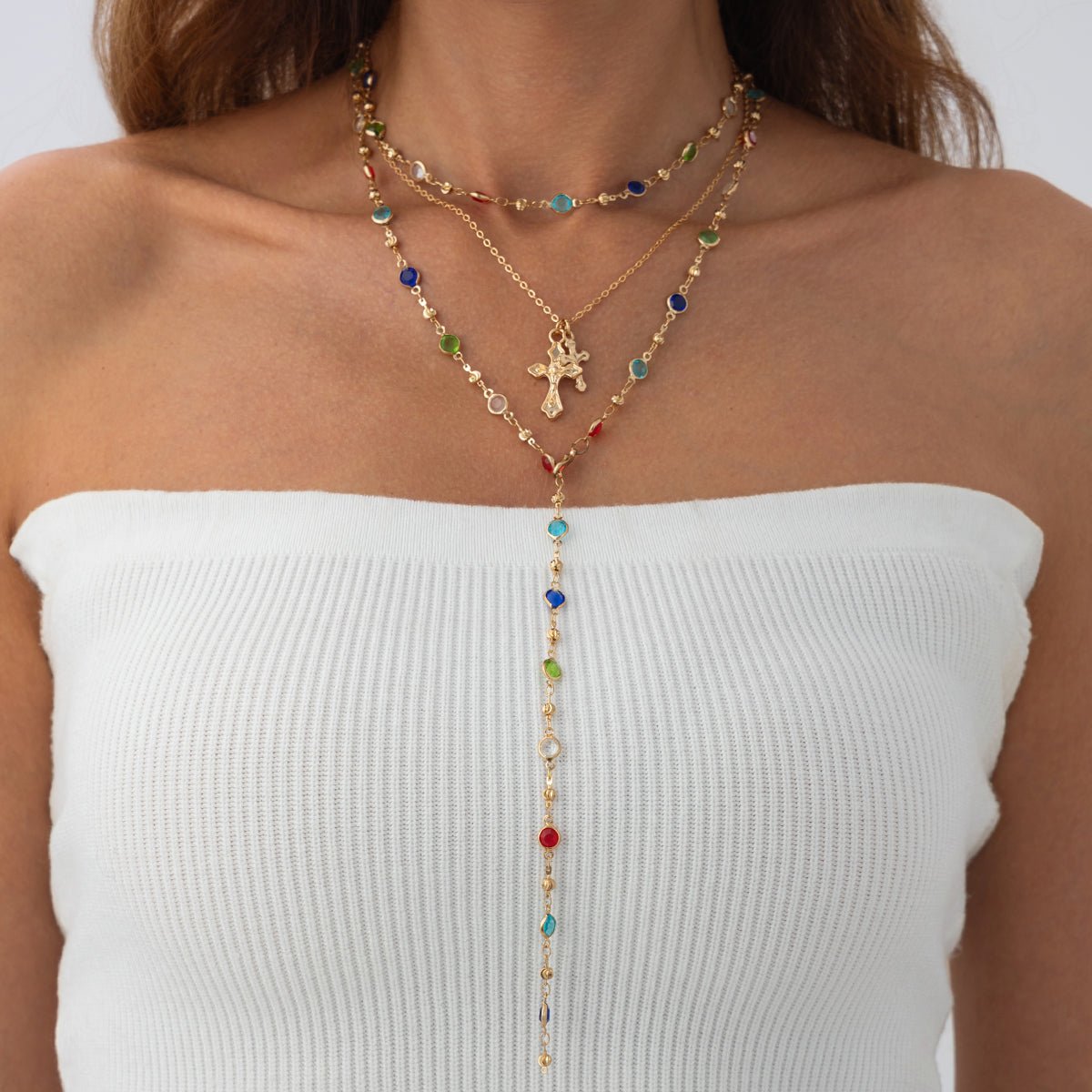 3 Pcs Elegant Cross Pendant Colorful Crystal Chain Y Necklace Set - ArtGalleryZen