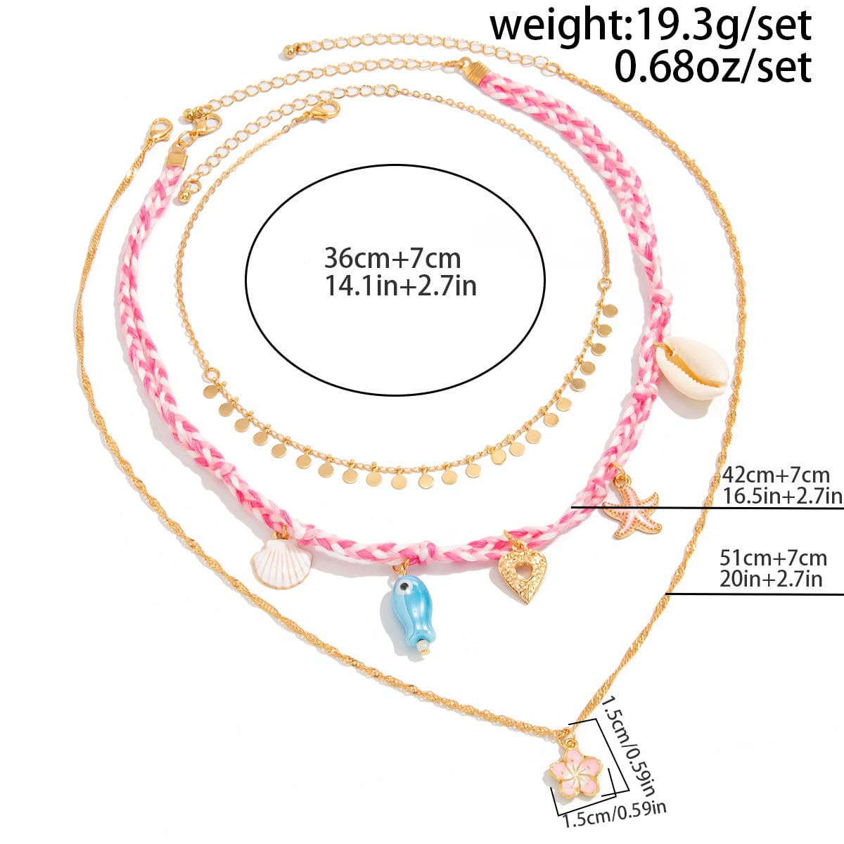 3 pcs Enamel Cherry Blossoms Starfish Conch Pendant Braided Necklace Set - ArtGalleryZen