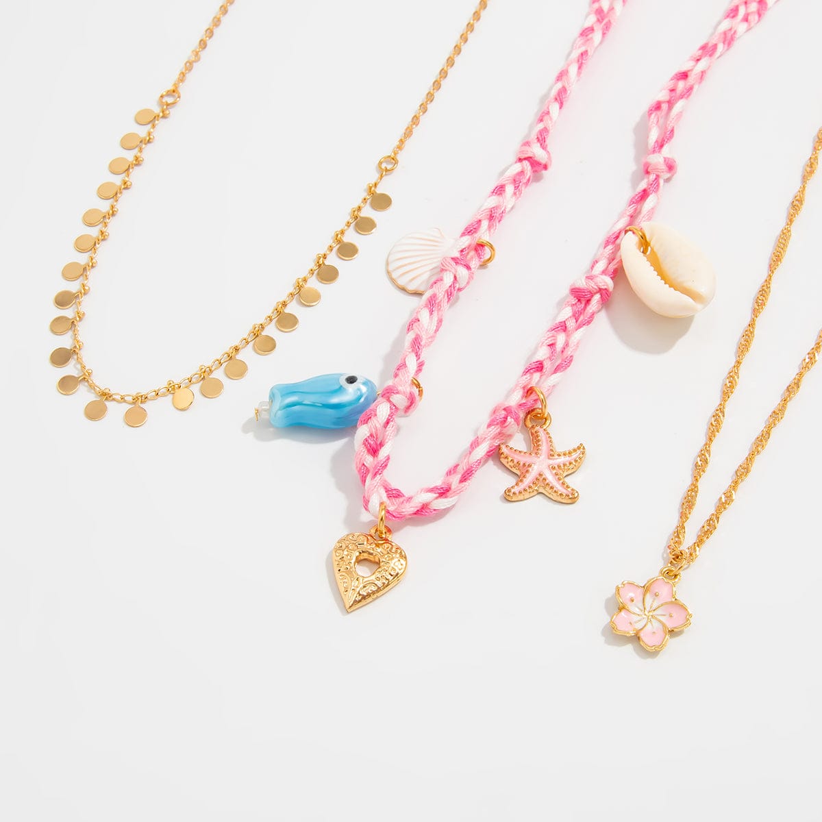 3 pcs Enamel Cherry Blossoms Starfish Conch Pendant Braided Necklace Set - ArtGalleryZen