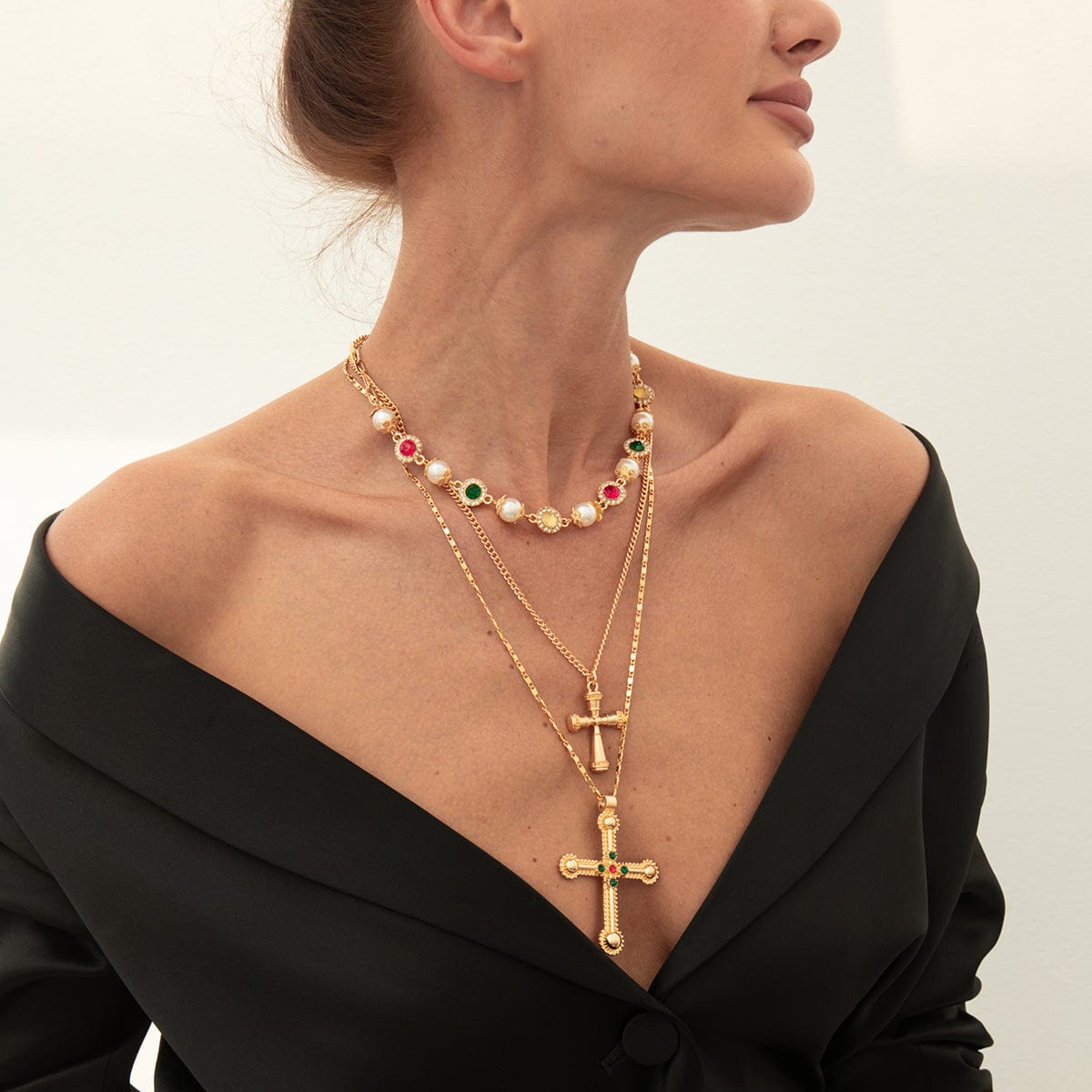 3 Pcs Gold Silver Tone Cross Pendant Pearl Crystal Pearl Chain Necklace Set - ArtGalleryZen