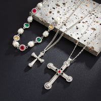Thumbnail for 3 Pcs Gold Silver Tone Cross Pendant Pearl Crystal Pearl Chain Necklace Set - ArtGalleryZen