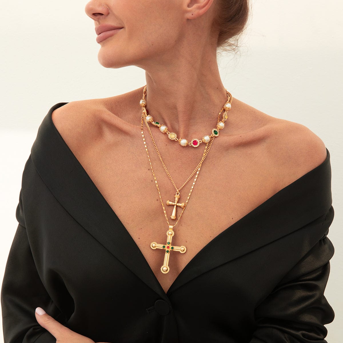 3 Pcs Gold Silver Tone Cross Pendant Pearl Crystal Pearl Chain Necklace Set - ArtGalleryZen