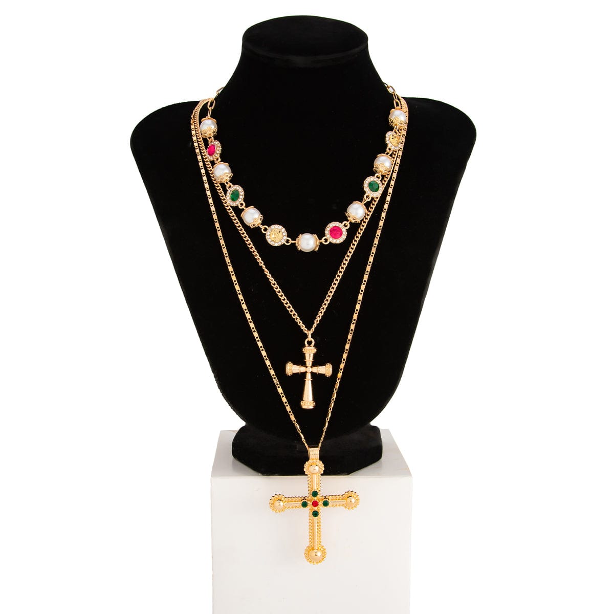 3 Pcs Gold Silver Tone Cross Pendant Pearl Crystal Pearl Chain Necklace Set - ArtGalleryZen