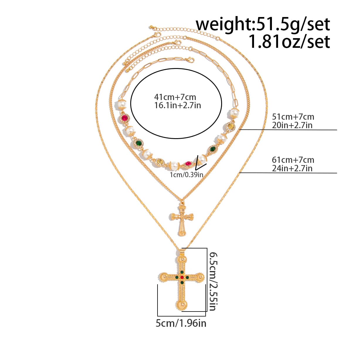 3 Pcs Gold Silver Tone Cross Pendant Pearl Crystal Pearl Chain Necklace Set - ArtGalleryZen