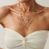 Thumbnail for 3 Pcs Gold Tone Rhinestone Inlaid Cross Pendant Crystal Chain Y Necklace Set - ArtGalleryZen