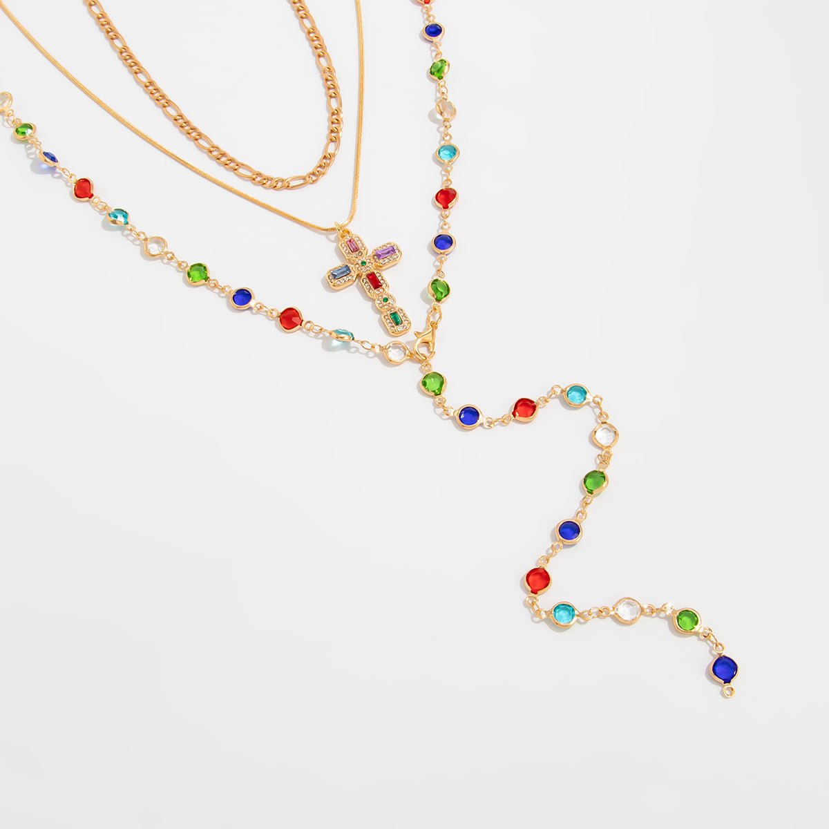 3 Pcs Gold Tone Rhinestone Inlaid Cross Pendant Crystal Chain Y Necklace Set - ArtGalleryZen