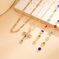 Thumbnail for 3 Pcs Gold Tone Rhinestone Inlaid Cross Pendant Crystal Chain Y Necklace Set - ArtGalleryZen