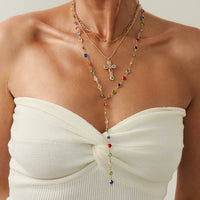 Thumbnail for 3 Pcs Gold Tone Rhinestone Inlaid Cross Pendant Crystal Chain Y Necklace Set - ArtGalleryZen