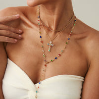 Thumbnail for 3 Pcs Gold Tone Rhinestone Inlaid Cross Pendant Crystal Chain Y Necklace Set - ArtGalleryZen