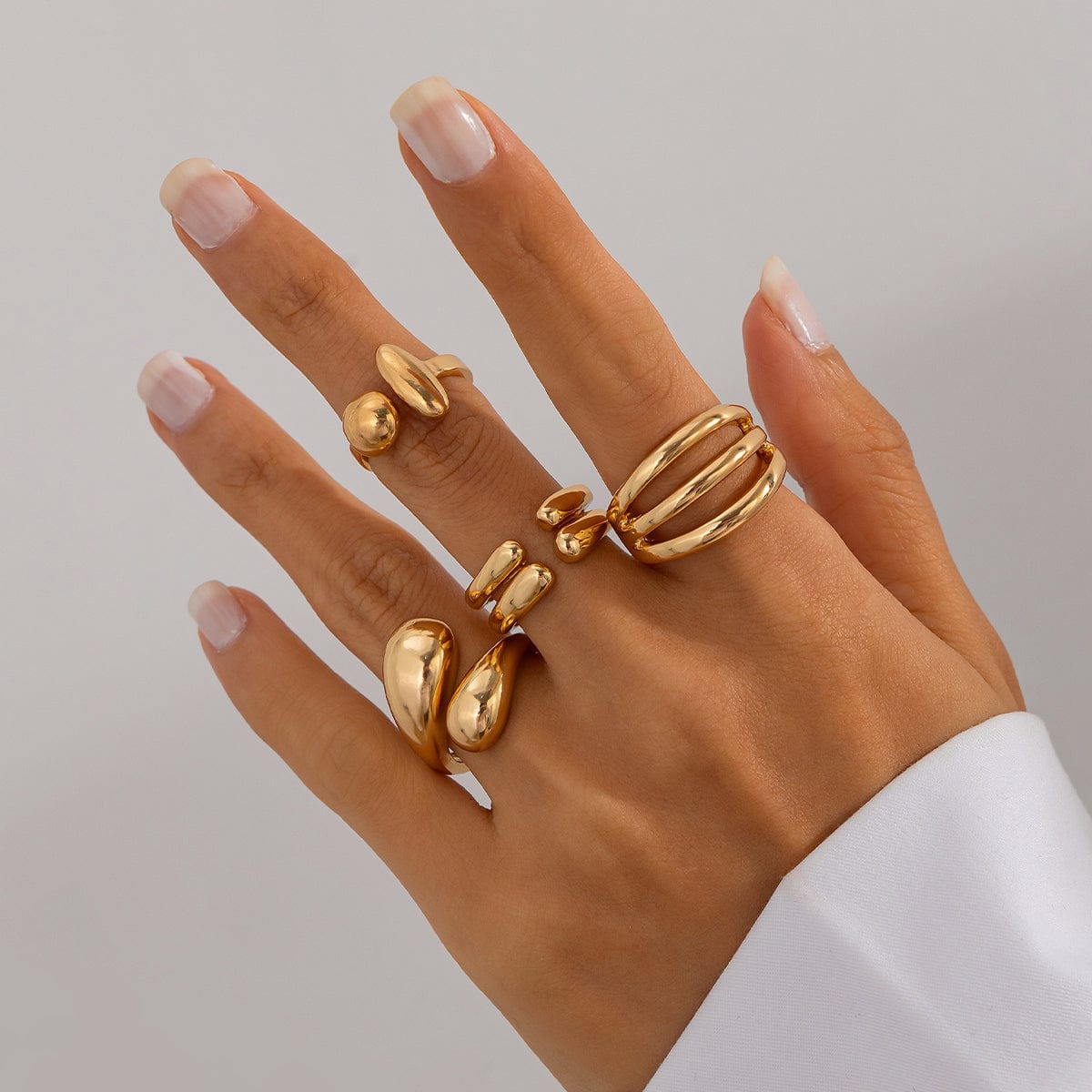 4 Pcs Gold Silver Tone Asymmetric Hollow Pattern Open Ring Set - ArtGalleryZen