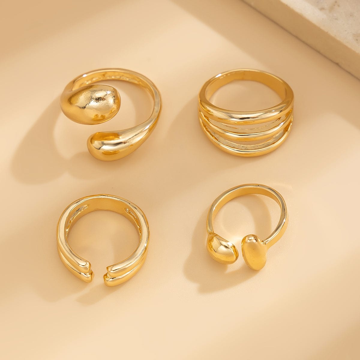 4 Pcs Gold Silver Tone Asymmetric Hollow Pattern Open Ring Set - ArtGalleryZen