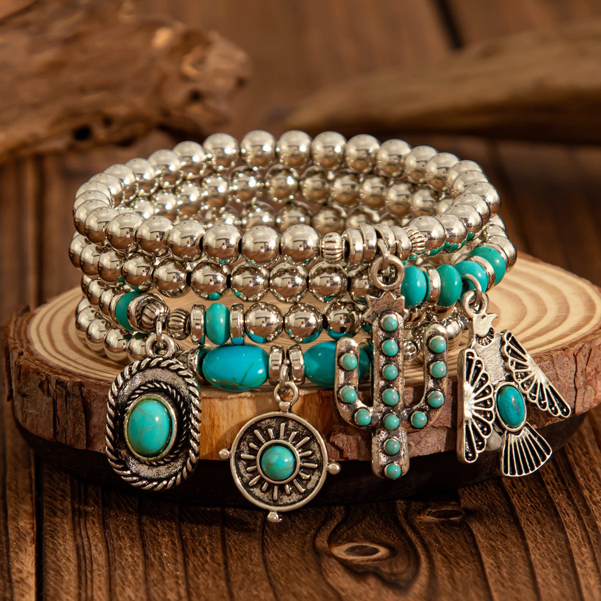 4 Pcs Hippie Turquoise Inlaid Eagle Cactus Charm Ball chain Bracelet Set - ArtGalleryZen