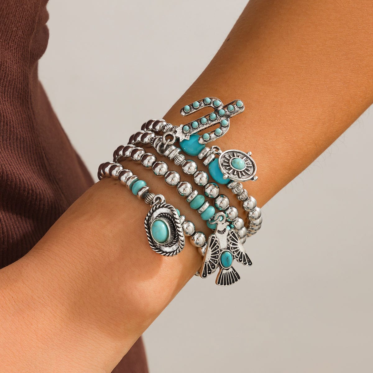 4 Pcs Hippie Turquoise Inlaid Eagle Cactus Charm Ball chain Bracelet Set - ArtGalleryZen