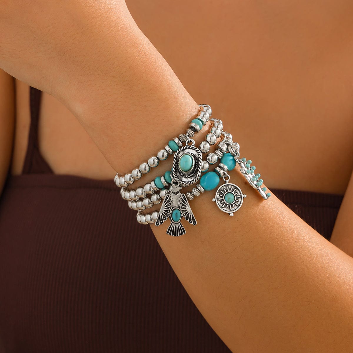 4 Pcs Hippie Turquoise Inlaid Eagle Cactus Charm Ball chain Bracelet Set - ArtGalleryZen